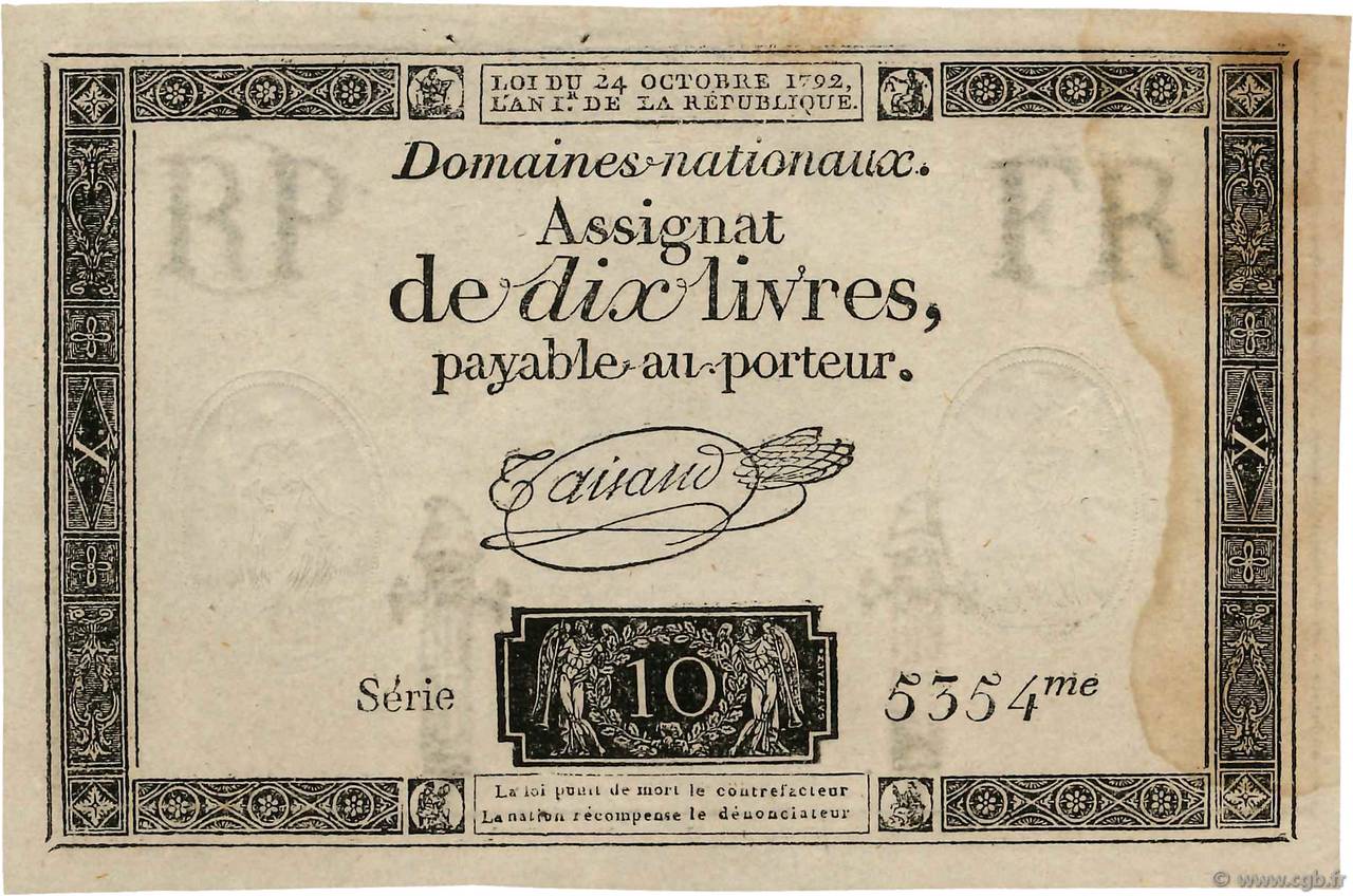 10 Livres filigrane républicain FRANCE 1792 Ass.36b SUP