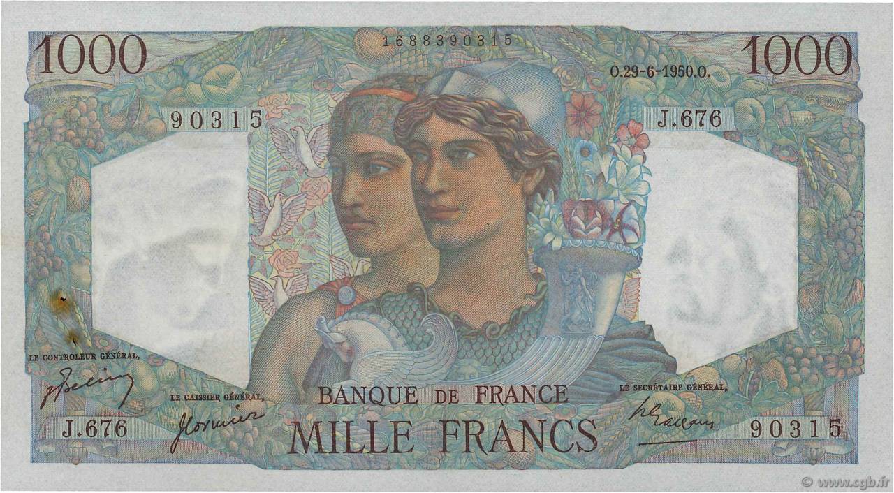 1000 Francs MINERVE ET HERCULE FRANCE  1950 F.41.33 SUP+