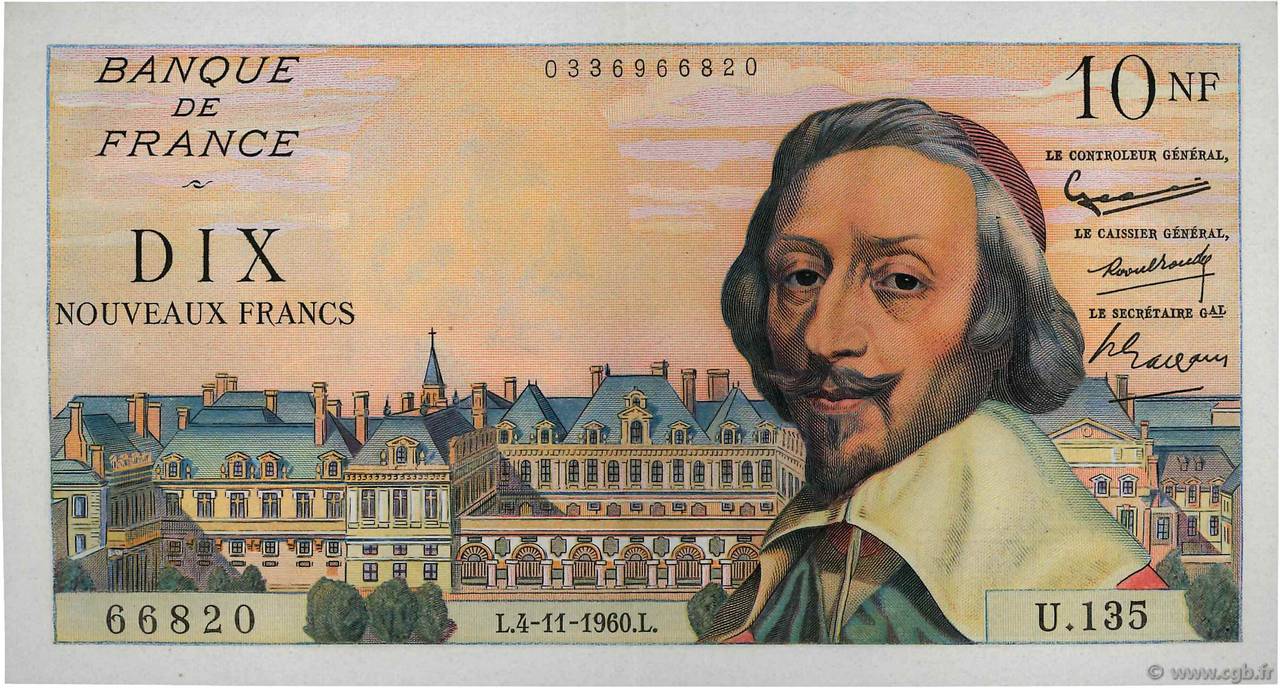 10 Nouveaux Francs RICHELIEU FRANCE  1960 F.57.11 XF+
