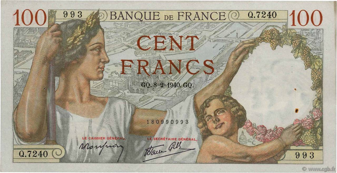 100 Francs SULLY FRANCE 1940 F.26.22 TTB+