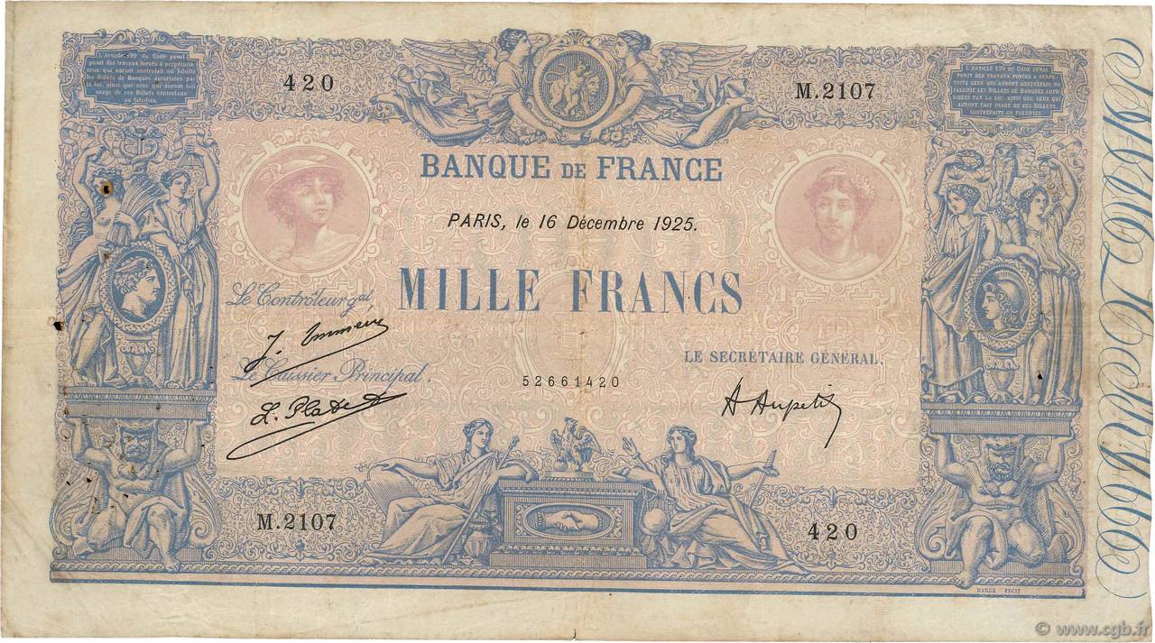 1000 Francs BLEU ET ROSE FRANCE 1925 F.36.41 TB