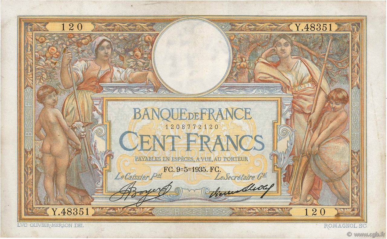 100 Francs LUC OLIVIER MERSON grands cartouches FRANCE 1935 F.24.14 TTB
