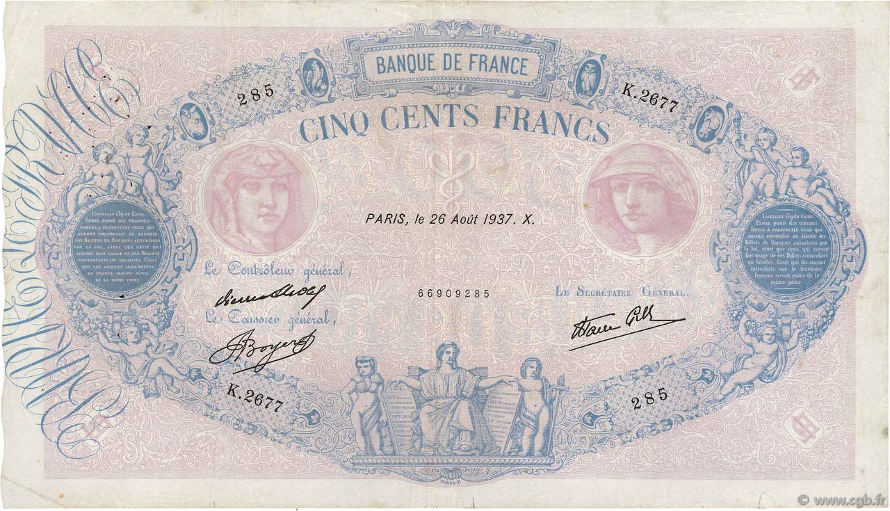 500 Francs BLEU ET ROSE modifié FRANCE 1937 F.31.02 TB