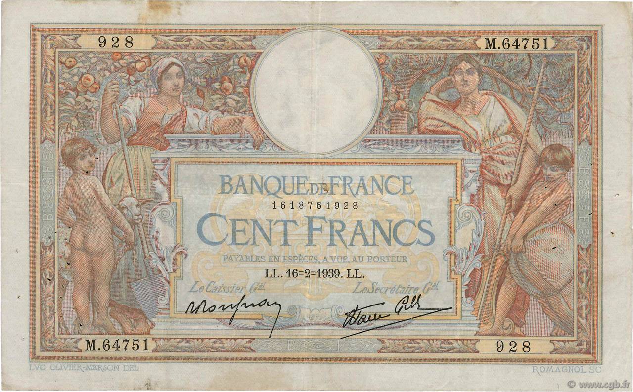 100 Francs LUC OLIVIER MERSON type modifié FRANCE  1939 F.25.43 F