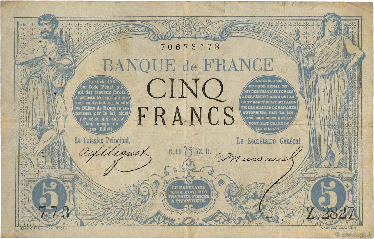 5 Francs NOIR FRANCE  1873 F.01.20 pr.TB