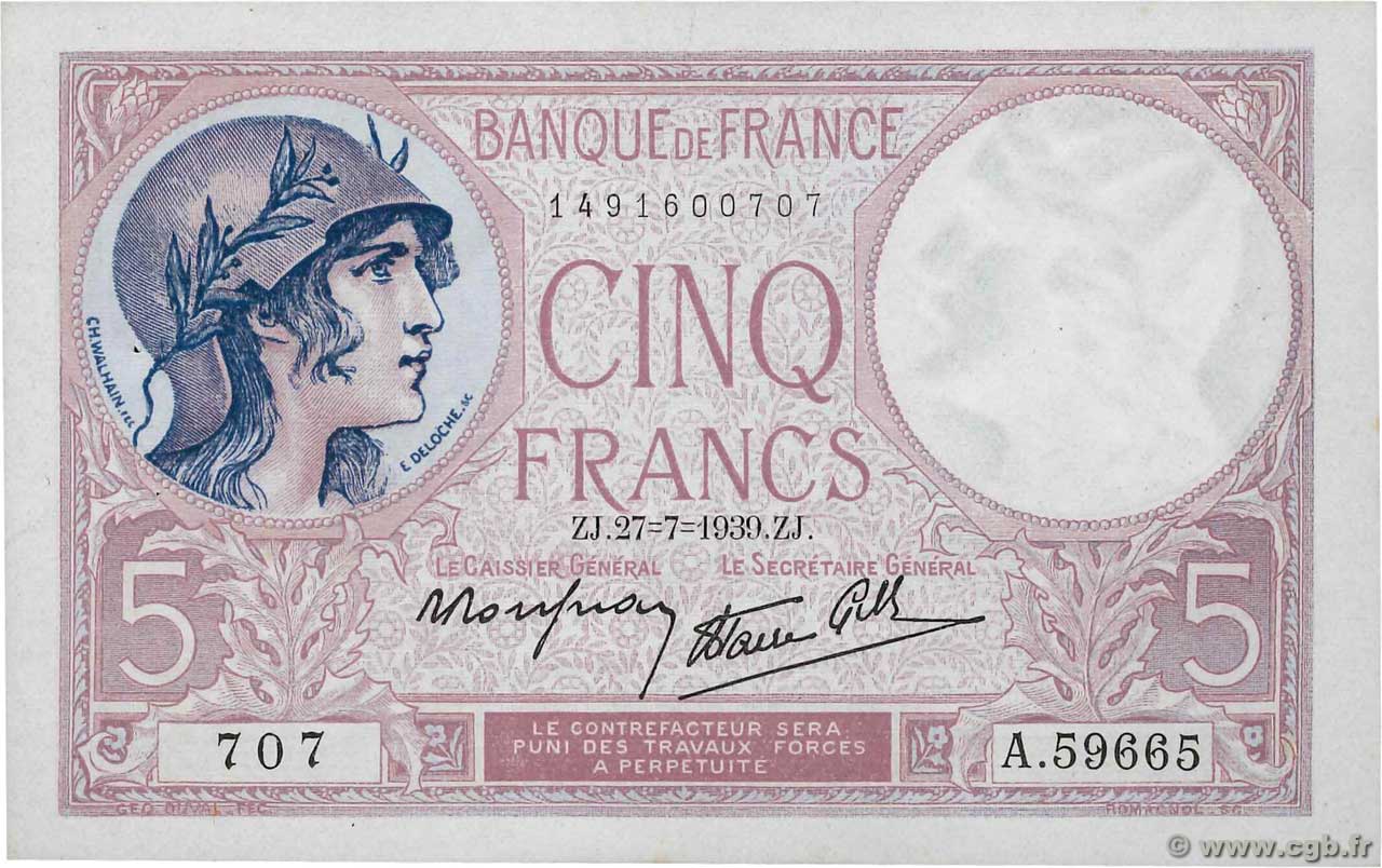 5 Francs FEMME CASQUÉE modifié FRANCE  1939 F.04.03 SPL