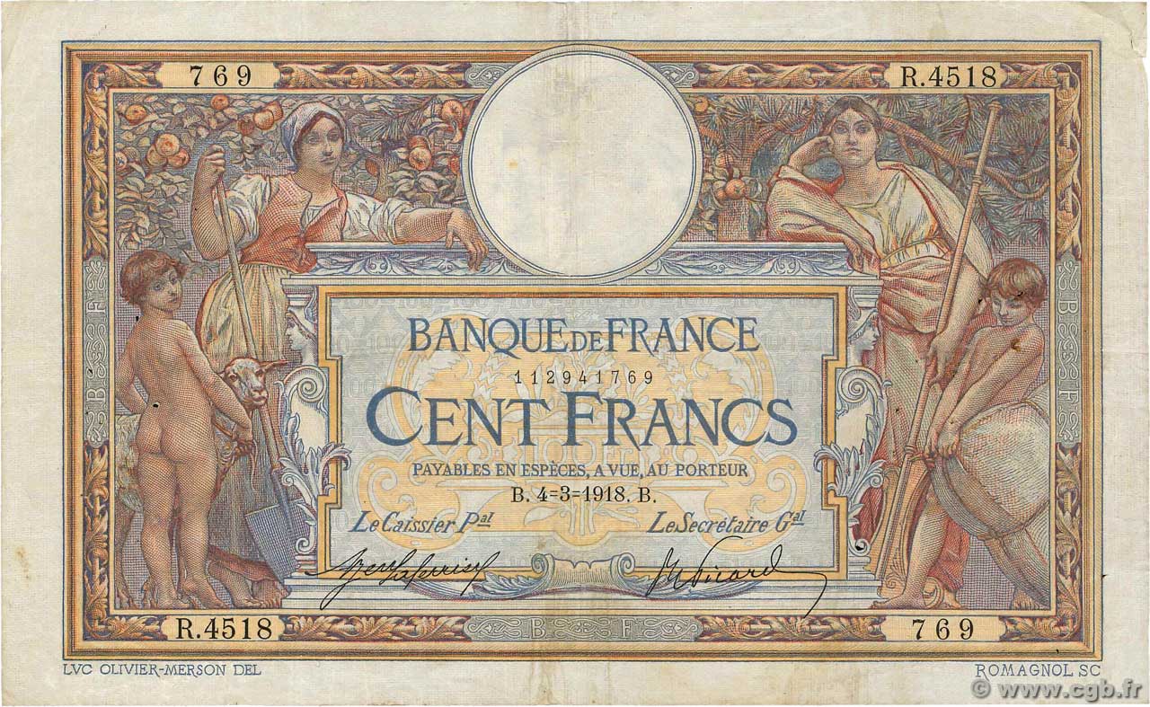 100 Francs LUC OLIVIER MERSON sans LOM FRANCE 1918 F.23.10 TB