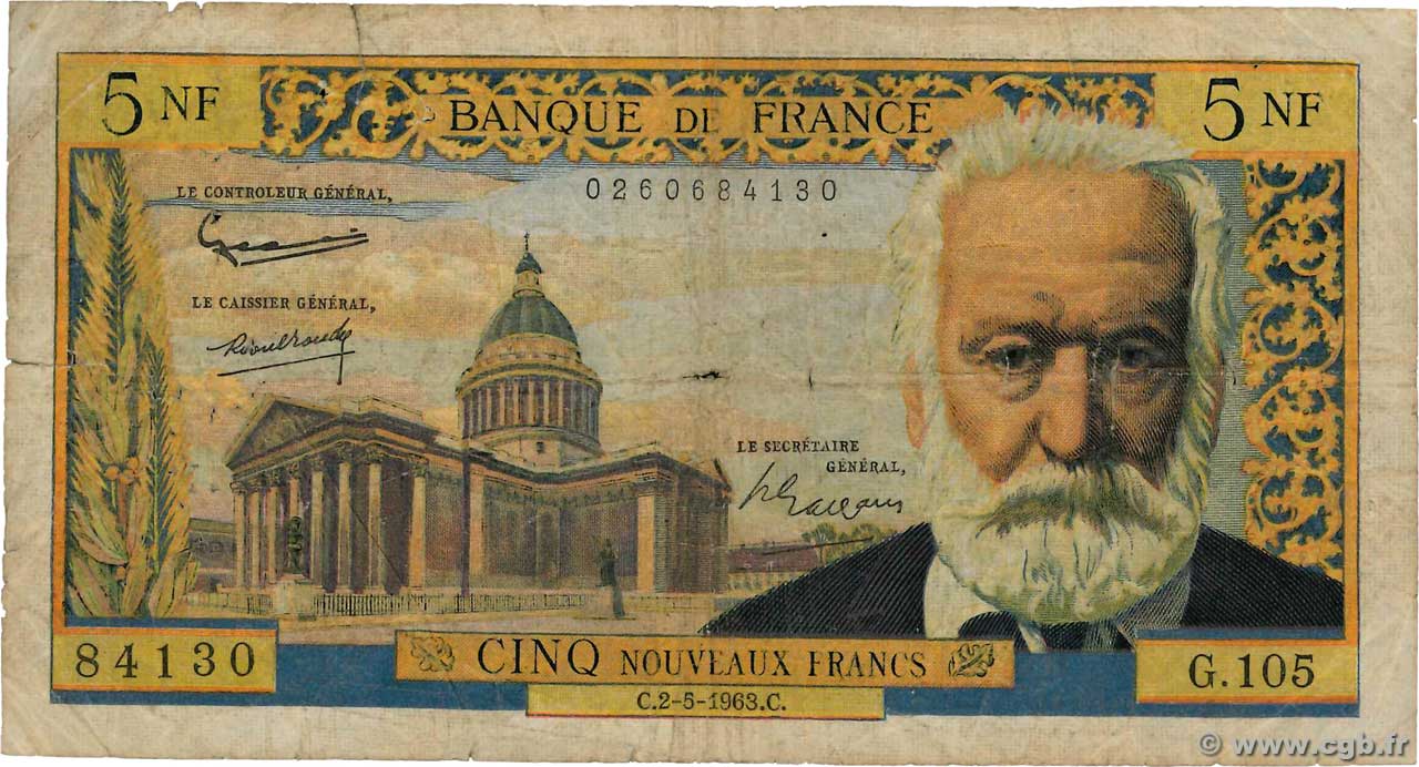 5 Nouveaux Francs VICTOR HUGO FRANCE 1963 F.56.14 B