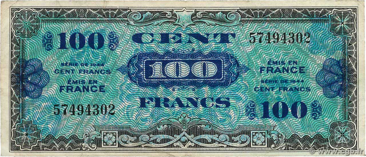 100 Francs DRAPEAU FRANCE 1944 VF.20.01 TB
