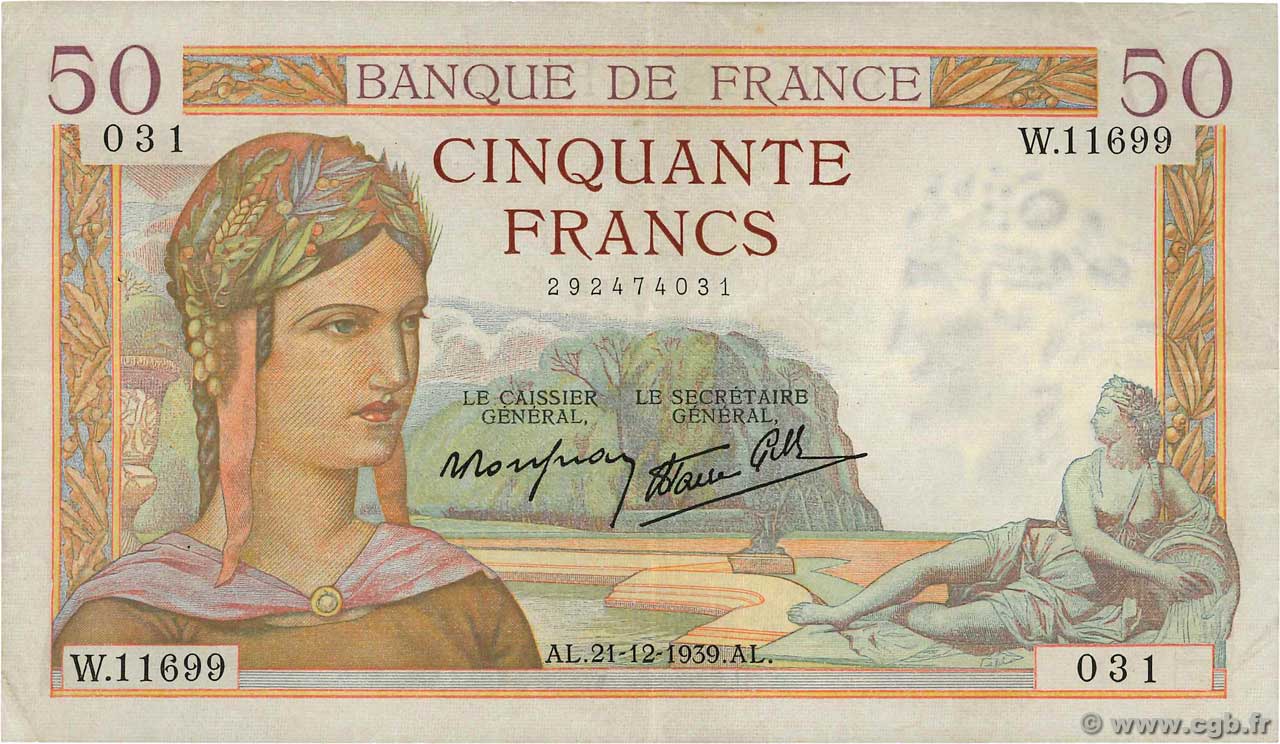 50 Francs CÉRÈS modifié FRANCE 1939 F.18.36 TTB