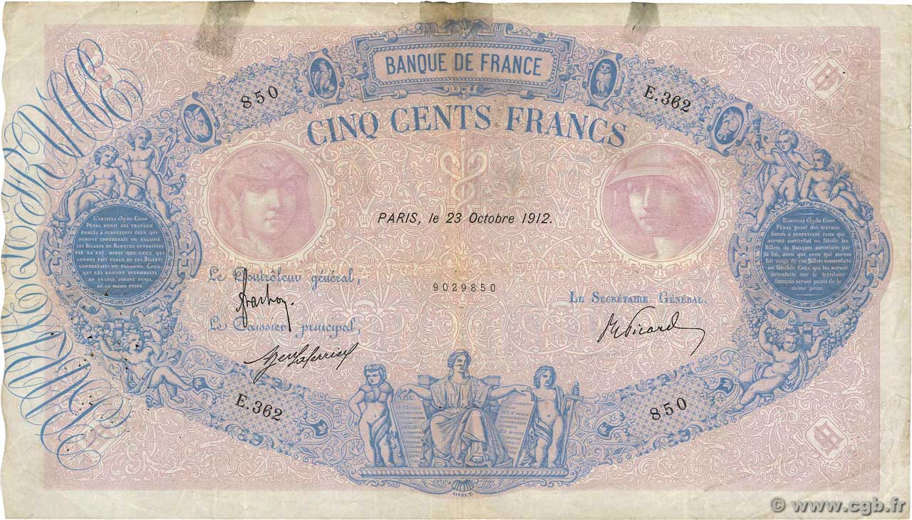 500 Francs BLEU ET ROSE FRANCE 1912 F.30.20 B+