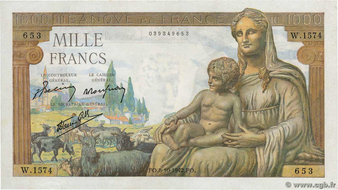 1000 Francs DÉESSE DÉMÉTER FRANCE 1942 F.40.08 pr.SUP
