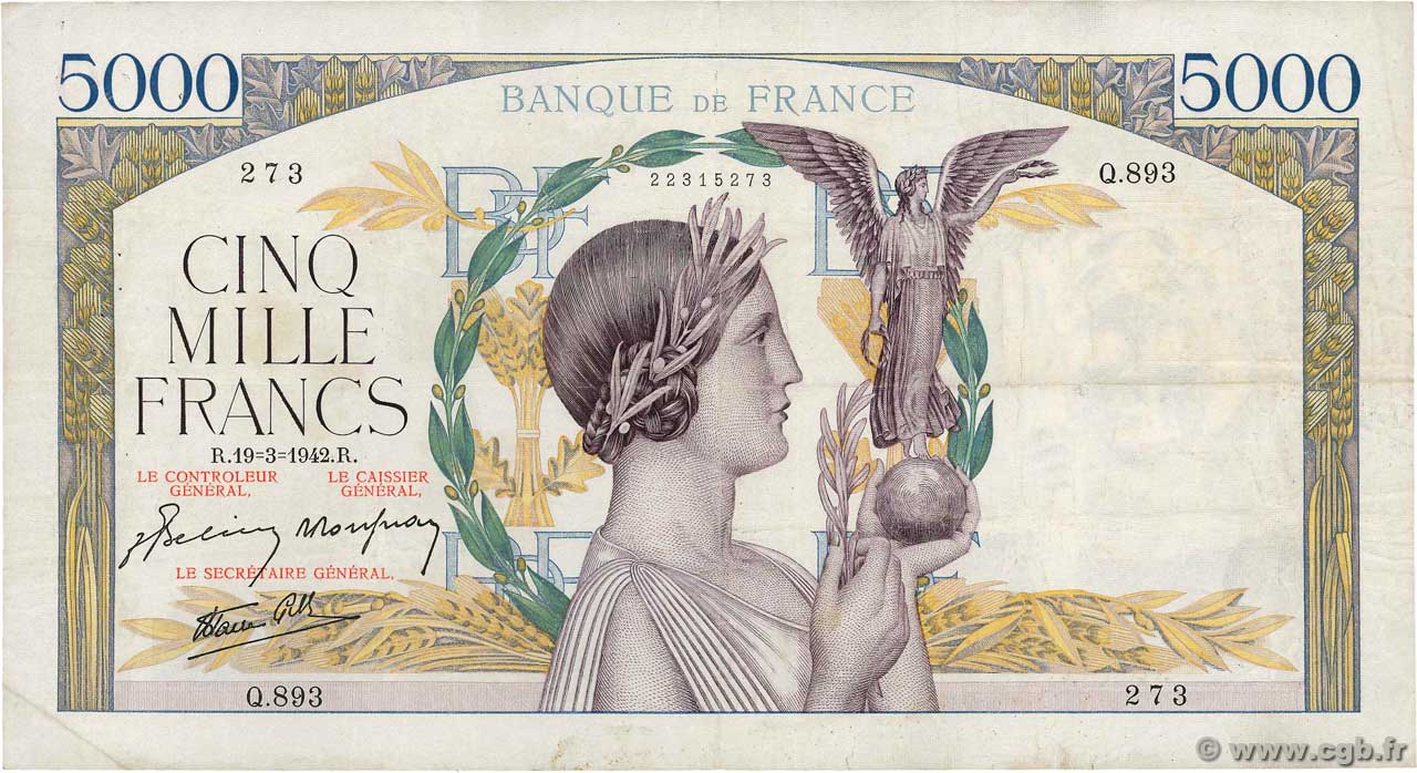 5000 Francs VICTOIRE Impression à plat FRANCE 1942 F.46.35 TB