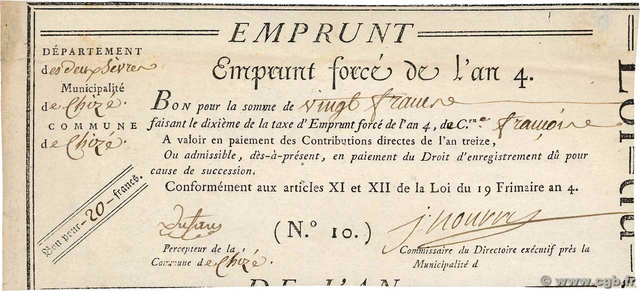 20 Francs FRANCE Chizé 1795 Ass.-- XF-