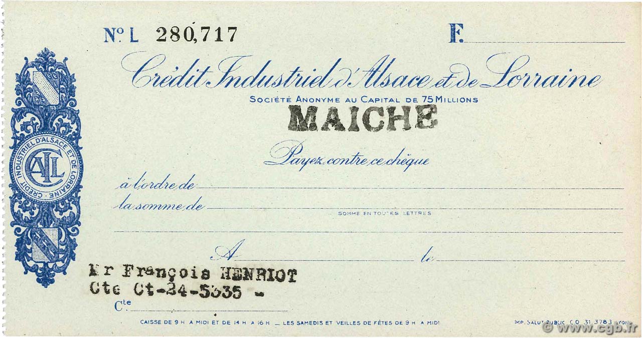 Francs FRANCE régionalisme et divers Maiche 1943 DOC.Chèque SPL