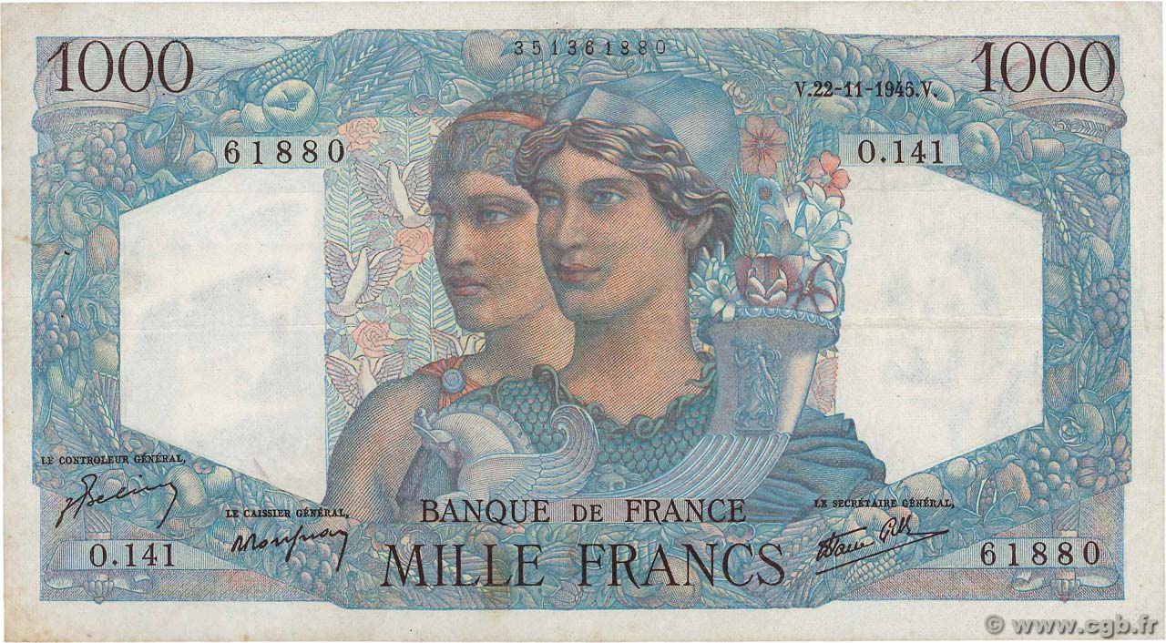 1000 Francs MINERVE ET HERCULE FRANCE 1945 F.41.08 TTB
