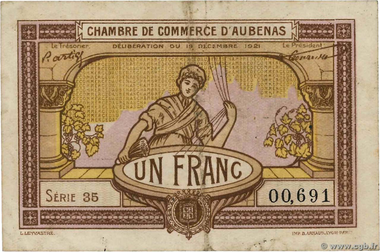 1 Franc FRANCE regionalism and miscellaneous Aubenas 1921 JP.014.02 F+