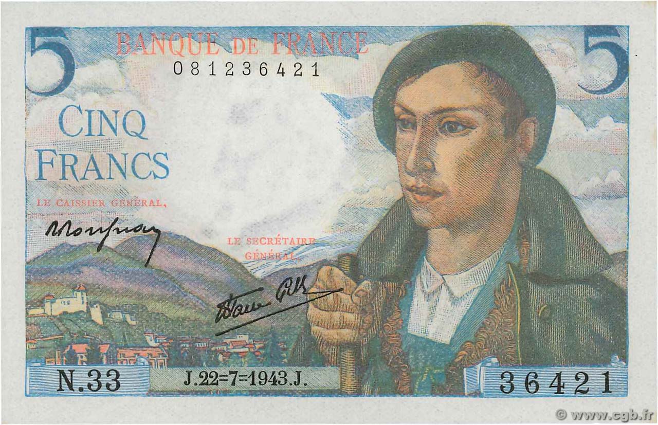 5 Francs BERGER FRANCE 1943 F.05.02 NEUF