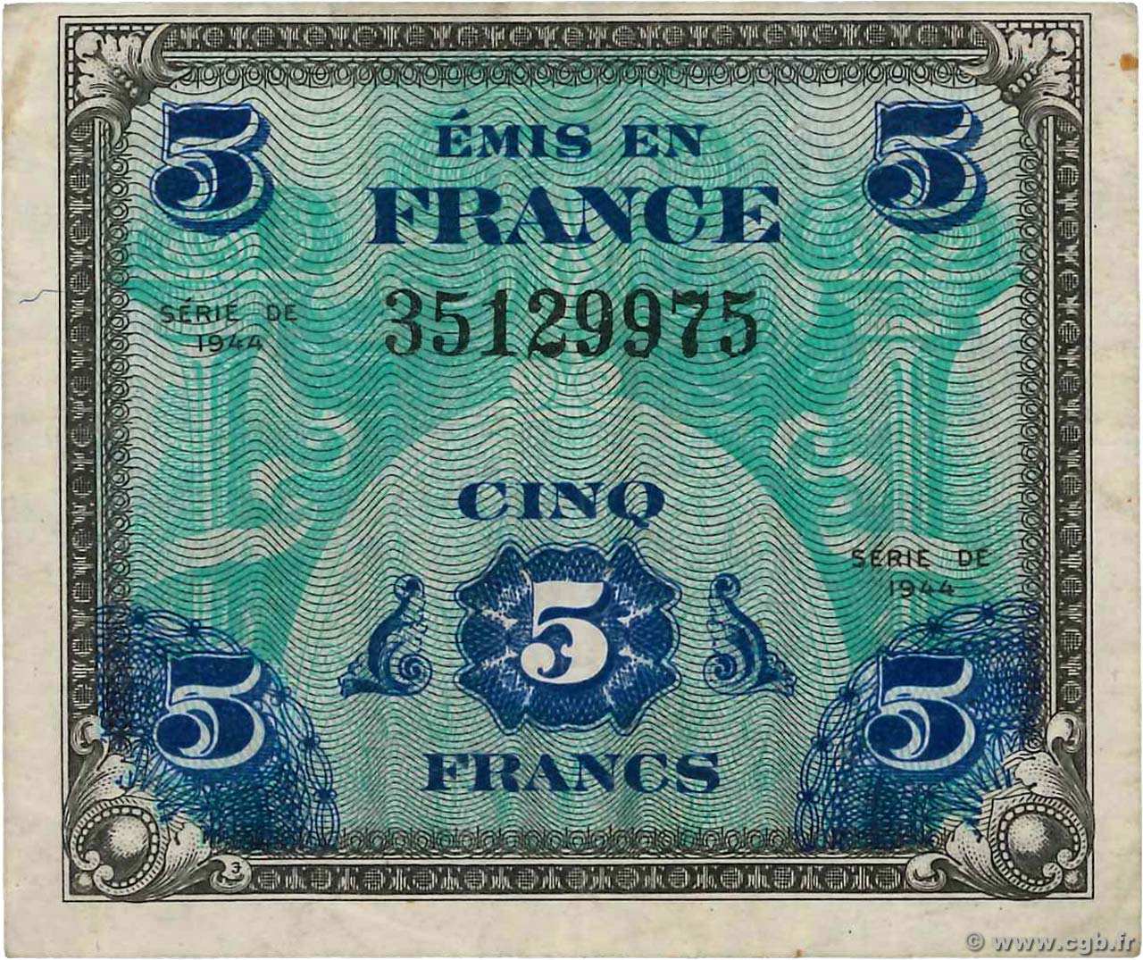 5 Francs DRAPEAU FRANCIA  1944 VF.17.01 q.BB