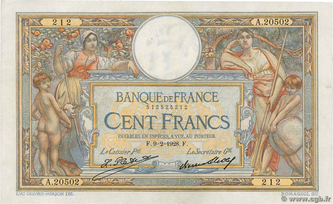 100 Francs LUC OLIVIER MERSON grands cartouches FRANCE 1928 F.24.07 TTB+