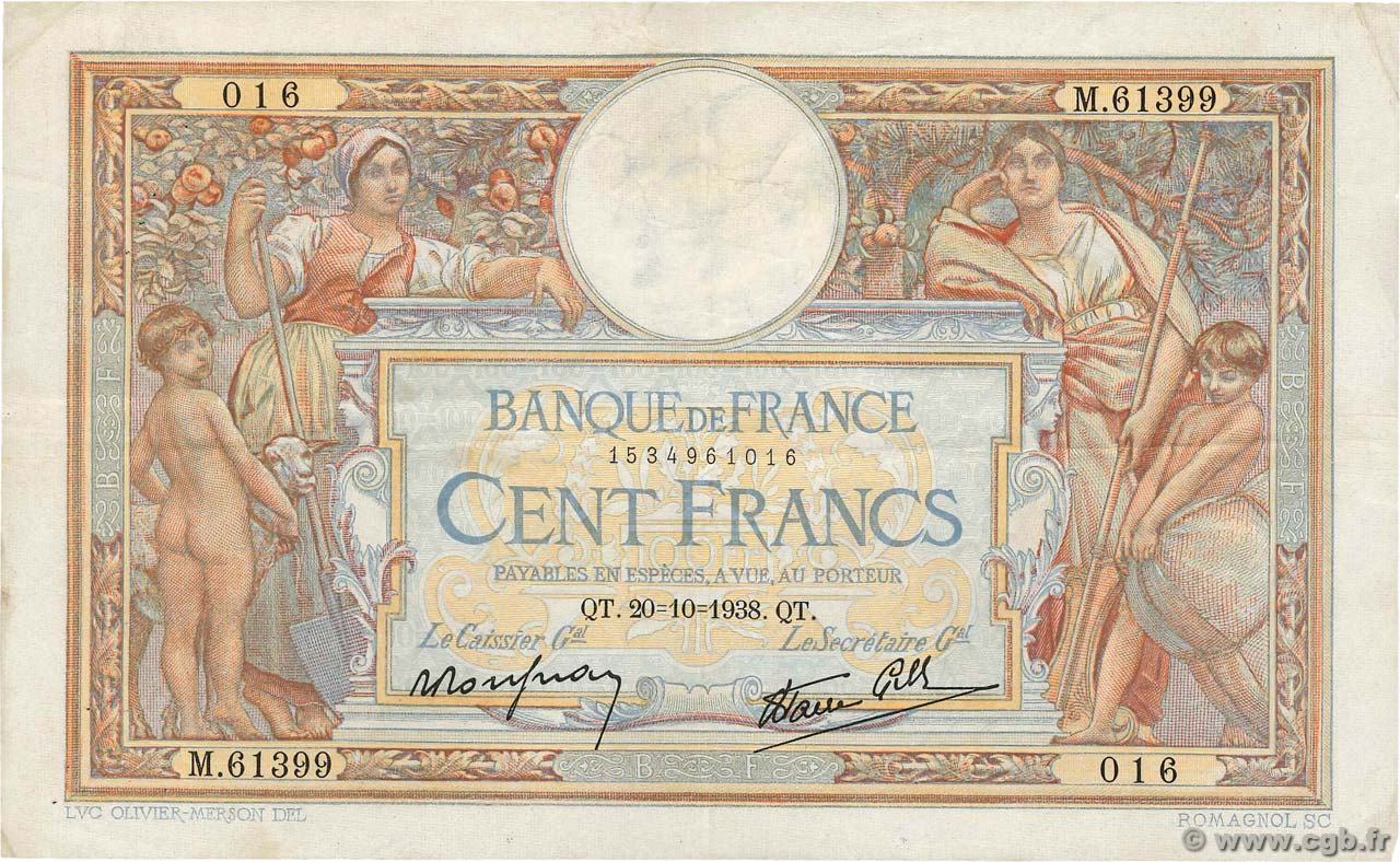 100 Francs LUC OLIVIER MERSON type modifié FRANCE 1938 F.25.32 VF