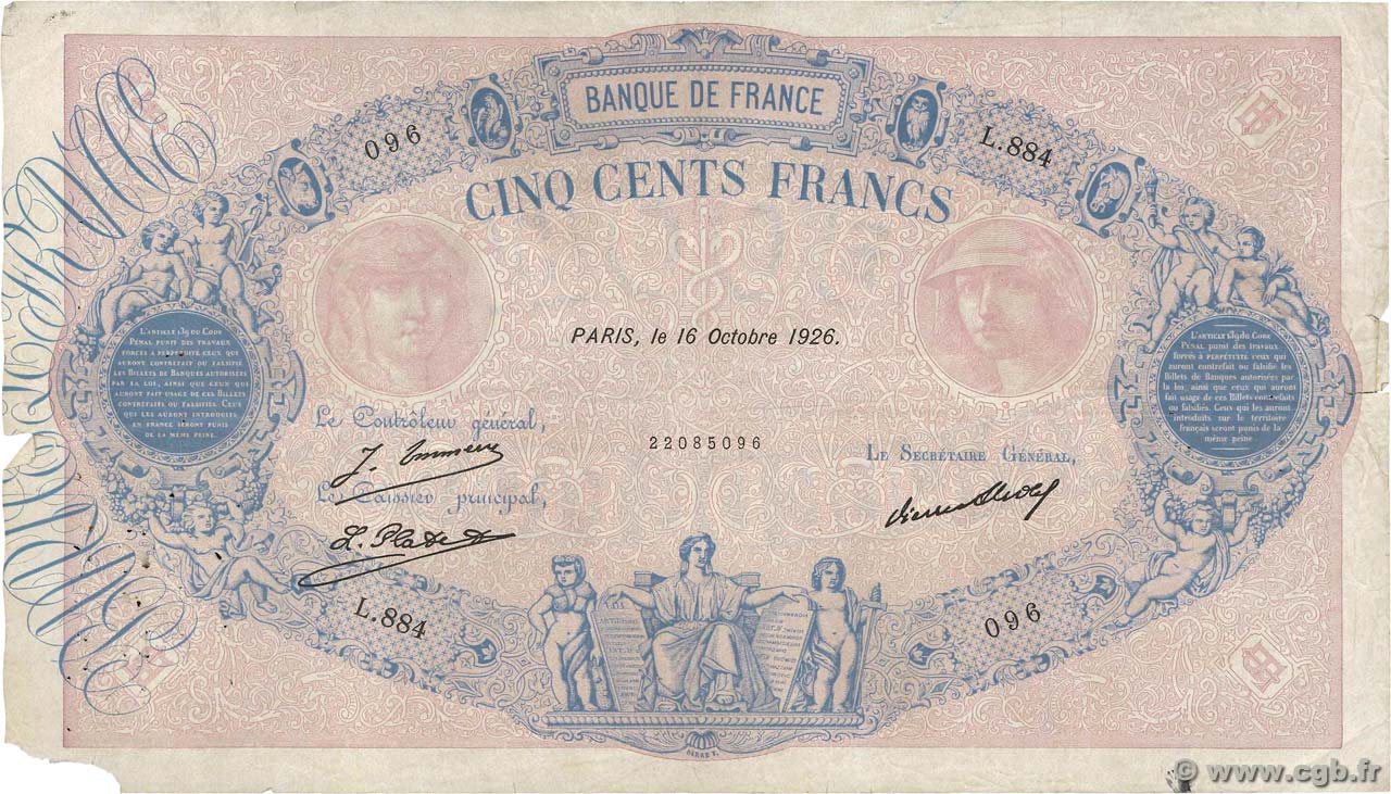 500 Francs BLEU ET ROSE FRANKREICH  1926 F.30.29 fS