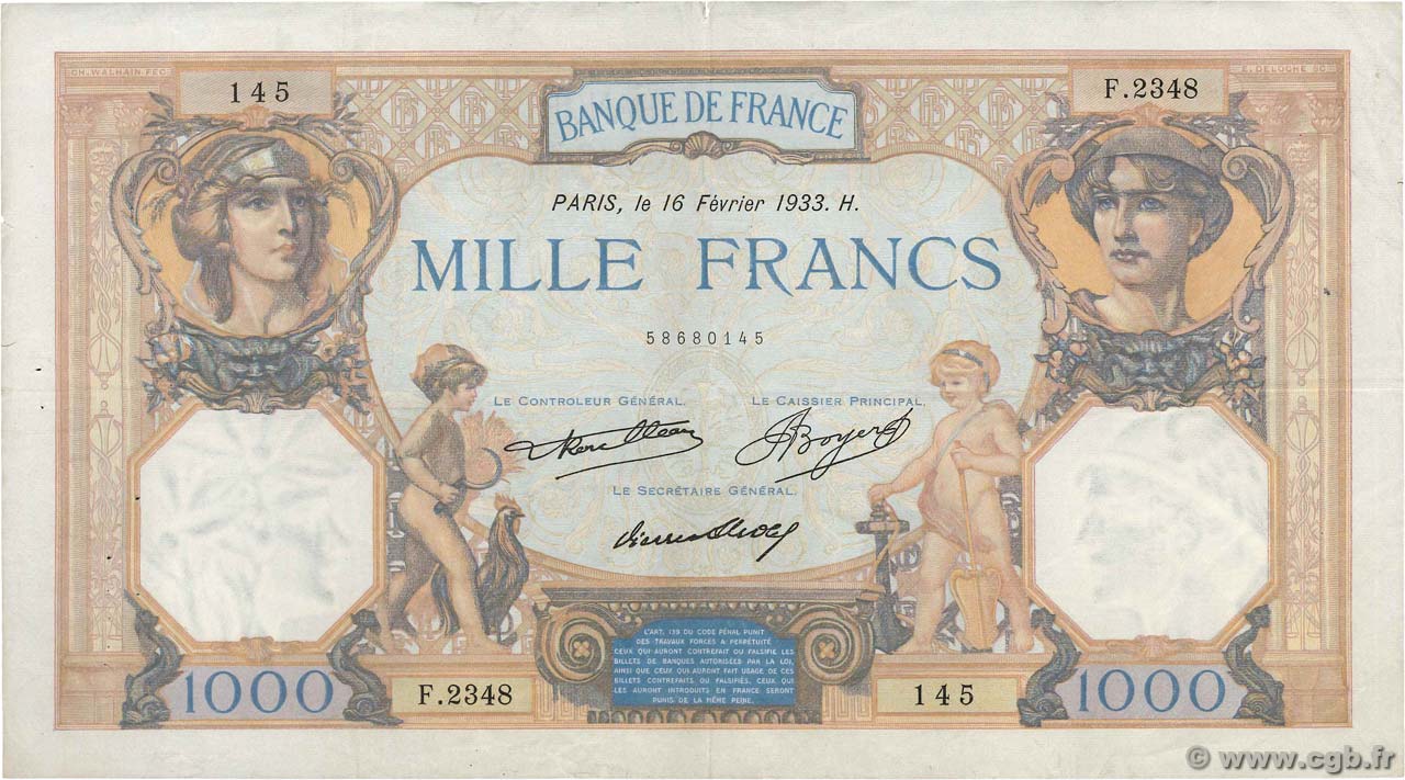 1000 Francs CÉRÈS ET MERCURE FRANCE  1933 F.37.08 VF-