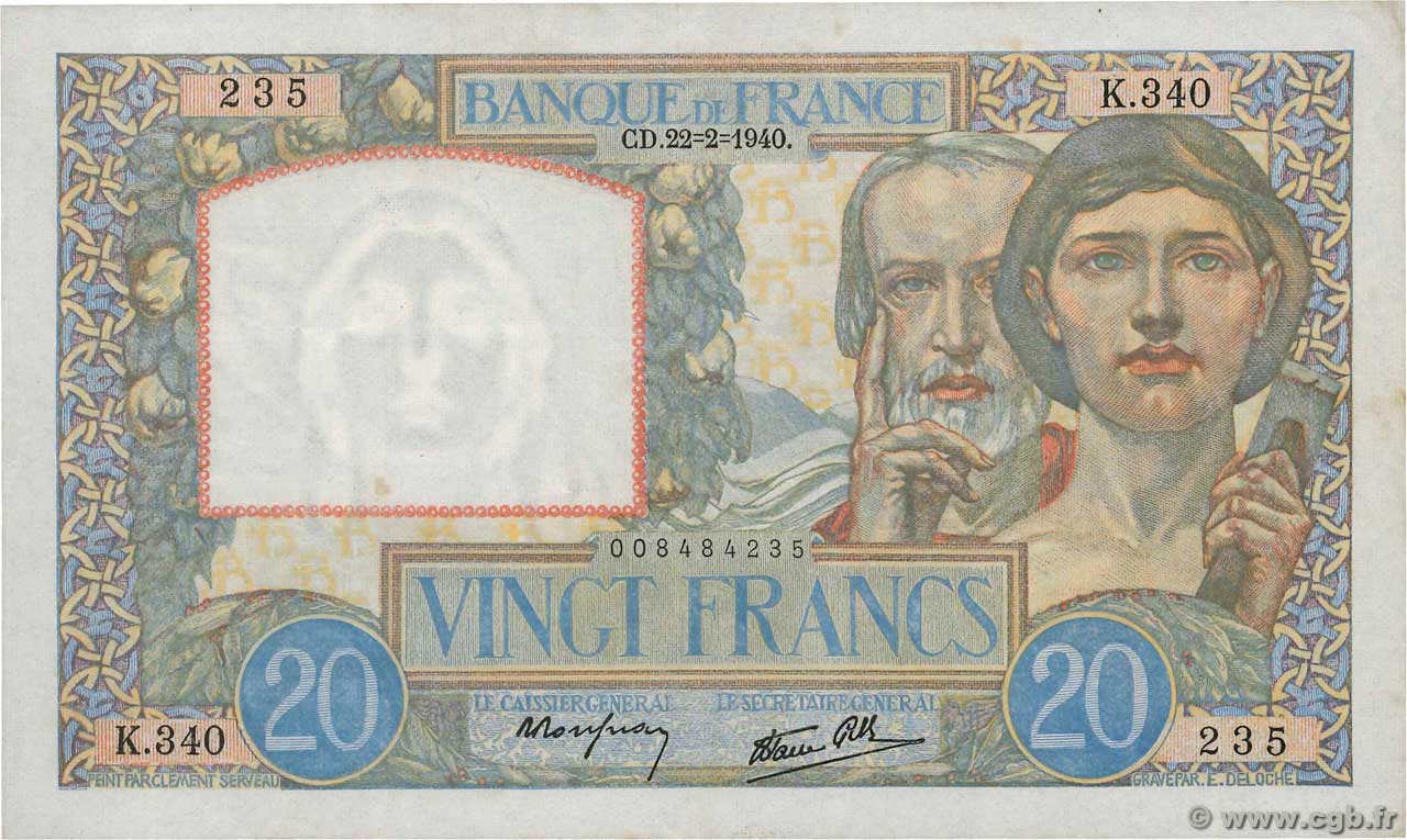 20 Francs TRAVAIL ET SCIENCE FRANCE  1940 F.12.02 VF+