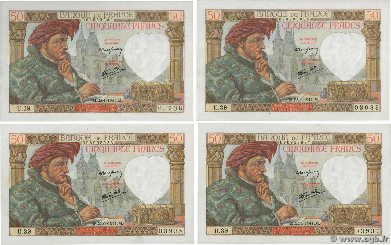 50 Francs JACQUES CŒUR Consécutifs FRANCE  1941 F.19.05 pr.NEUF
