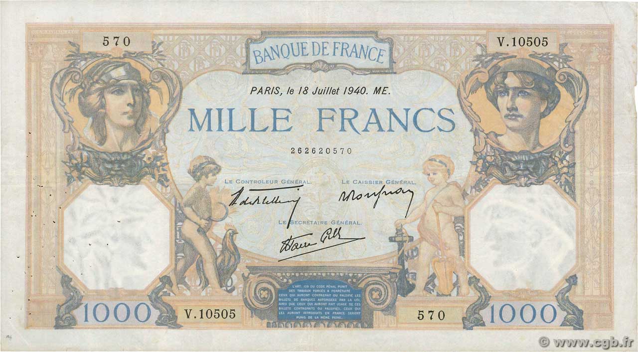 1000 Francs CÉRÈS ET MERCURE type modifié FRANCIA  1940 F.38.50 q.BB