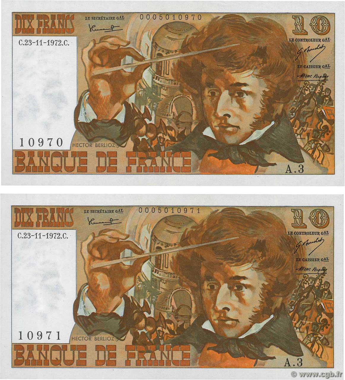 10 Francs BERLIOZ Consécutifs FRANCE  1972 F.63.01 pr.NEUF