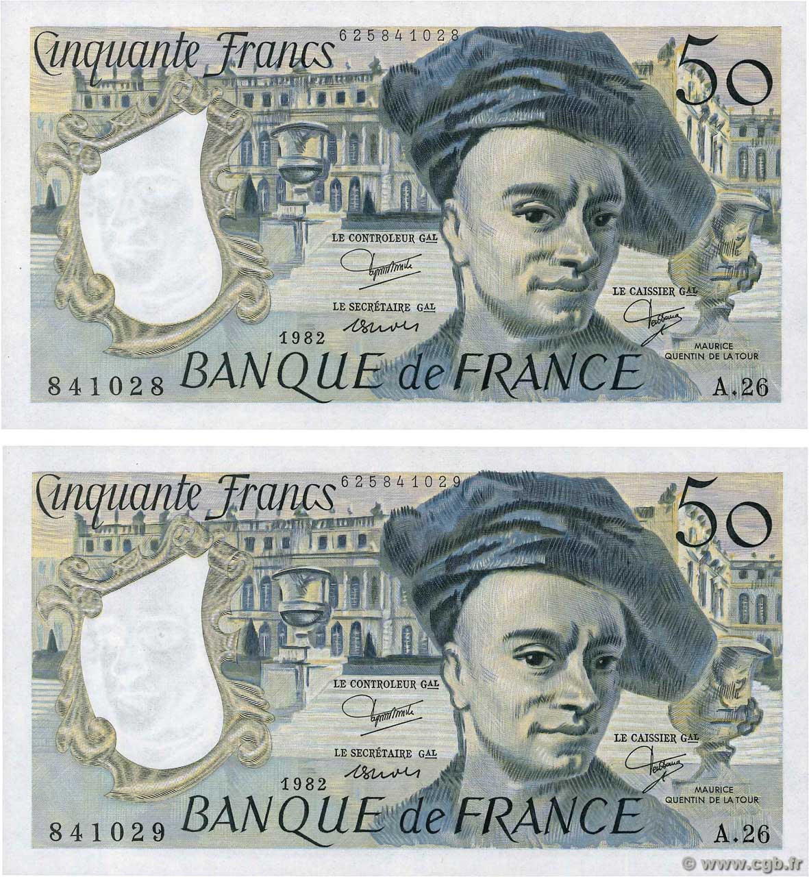 50 Francs QUENTIN DE LA TOUR Consécutifs FRANCE  1982 F.67.08 AU