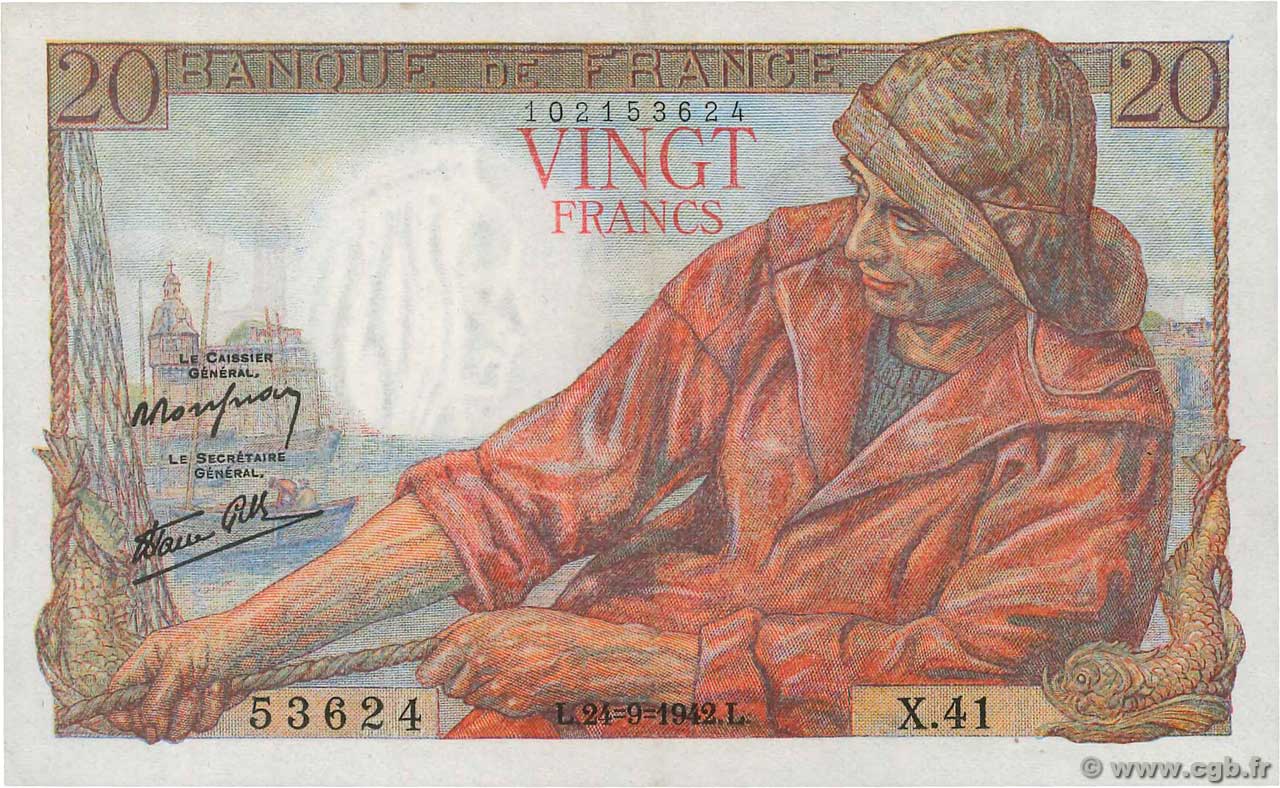 20 Francs PÊCHEUR FRANCE  1942 F.13.03 SUP