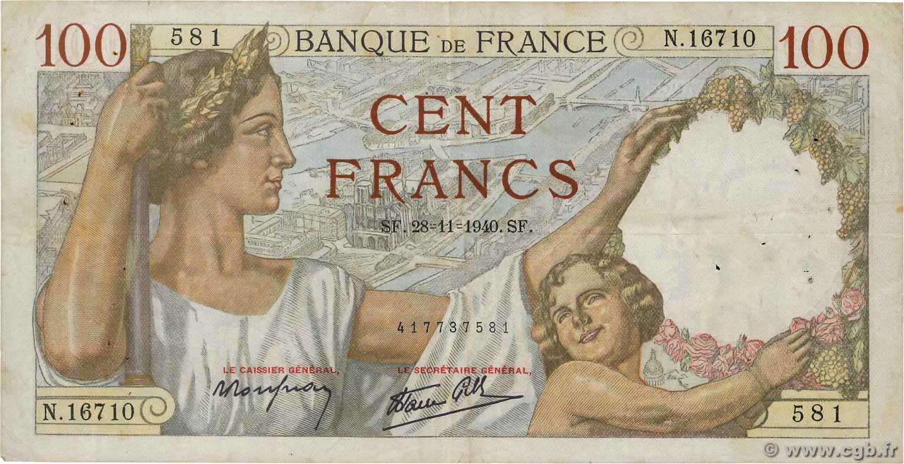 100 Francs SULLY FRANCE  1940 F.26.41 F