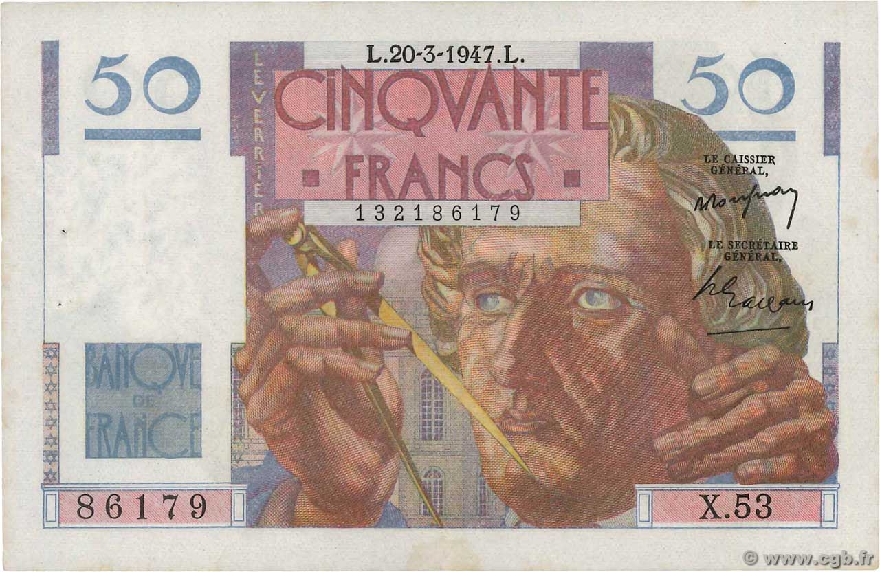 50 Francs LE VERRIER FRANCE  1947 F.20.07 XF+