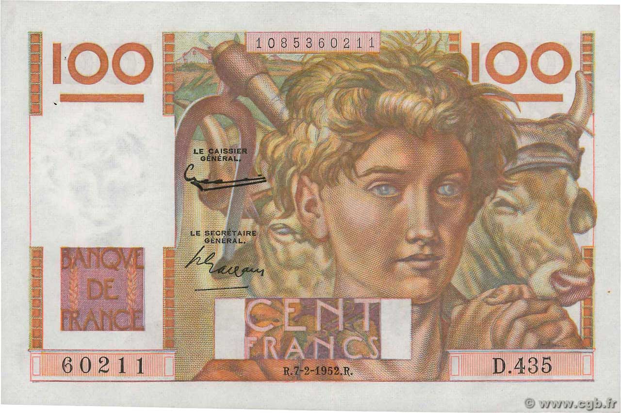 100 Francs JEUNE PAYSAN FRANCIA  1952 F.28.31 SPL+