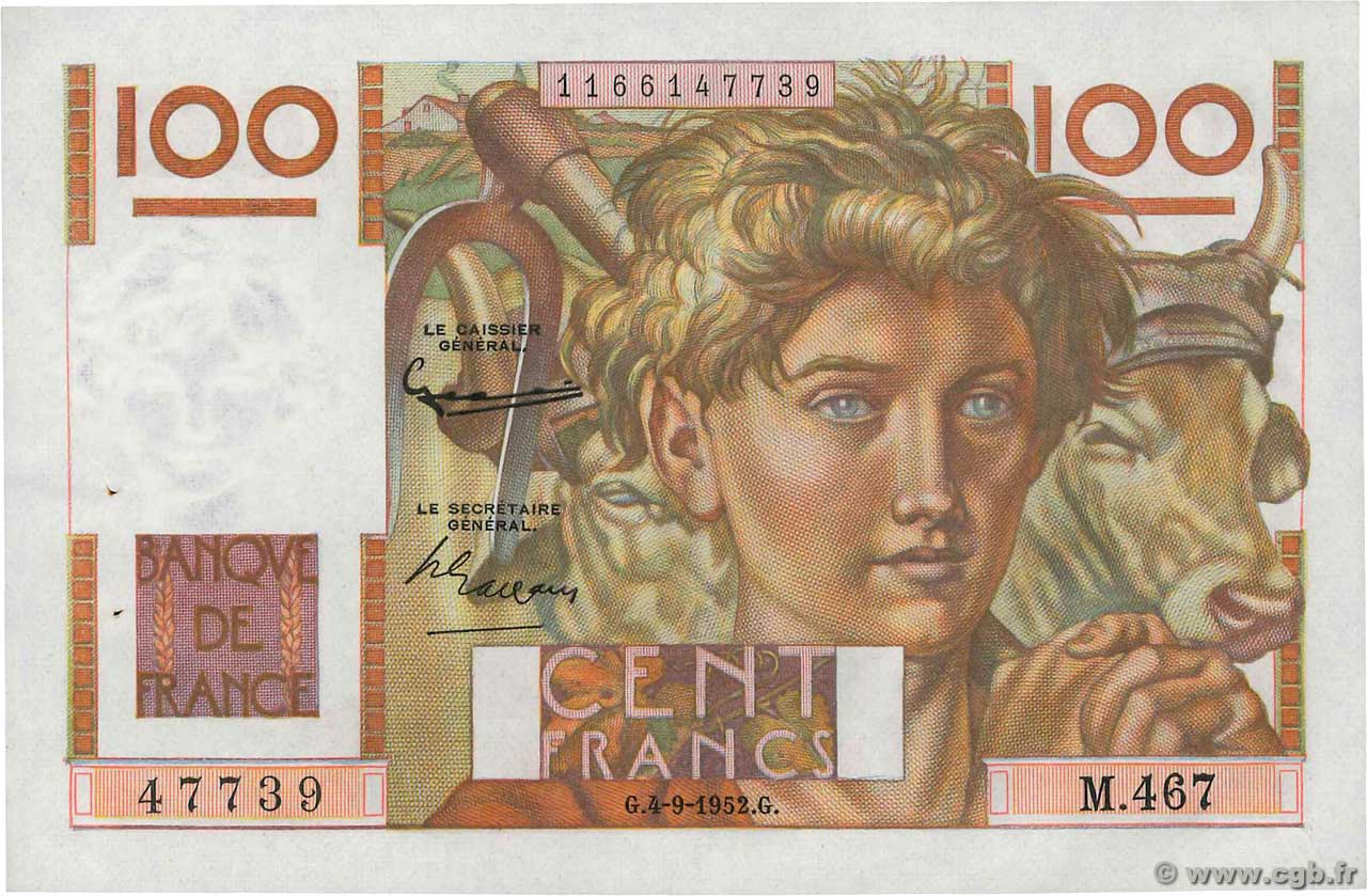 100 Francs JEUNE PAYSAN FRANCE  1952 F.28.33 AU-