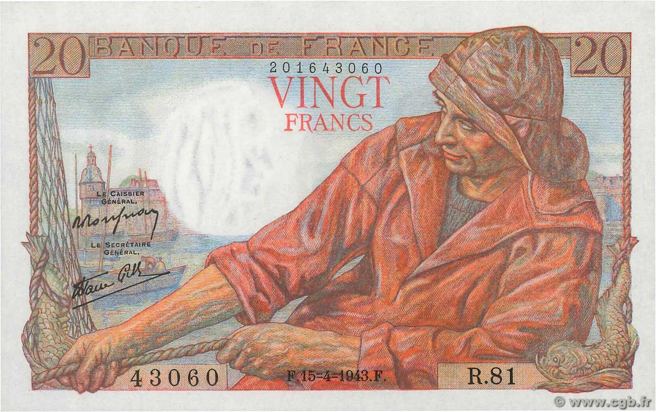20 Francs PÊCHEUR FRANCE  1943 F.13.06 UNC-