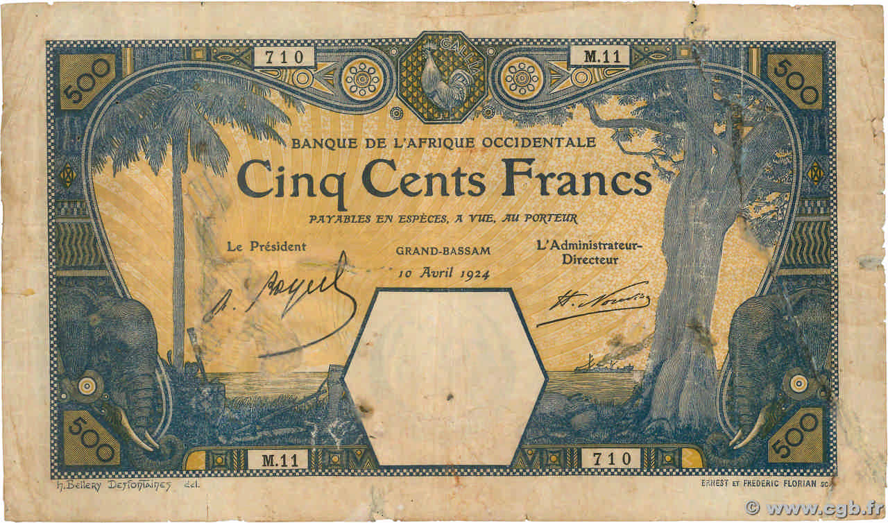 500 Francs GRAND-BASSAM FRENCH WEST AFRICA Grand-Bassam 1924 P.13D fSGE