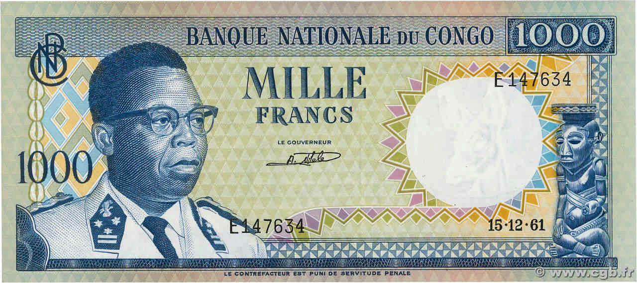 1000 Francs CONGO, DEMOCRATIQUE REPUBLIC  1961 P.008a AU