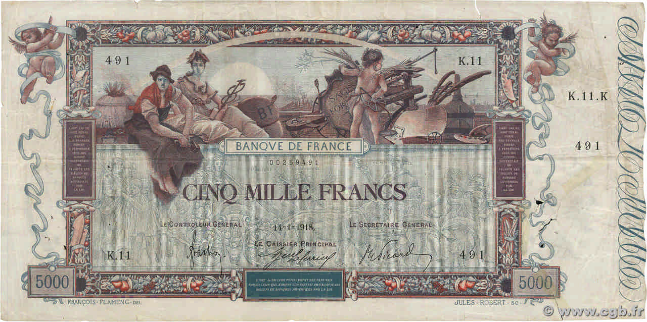 5000 Francs FLAMENG FRANCE  1918 F.43.01 pr.B