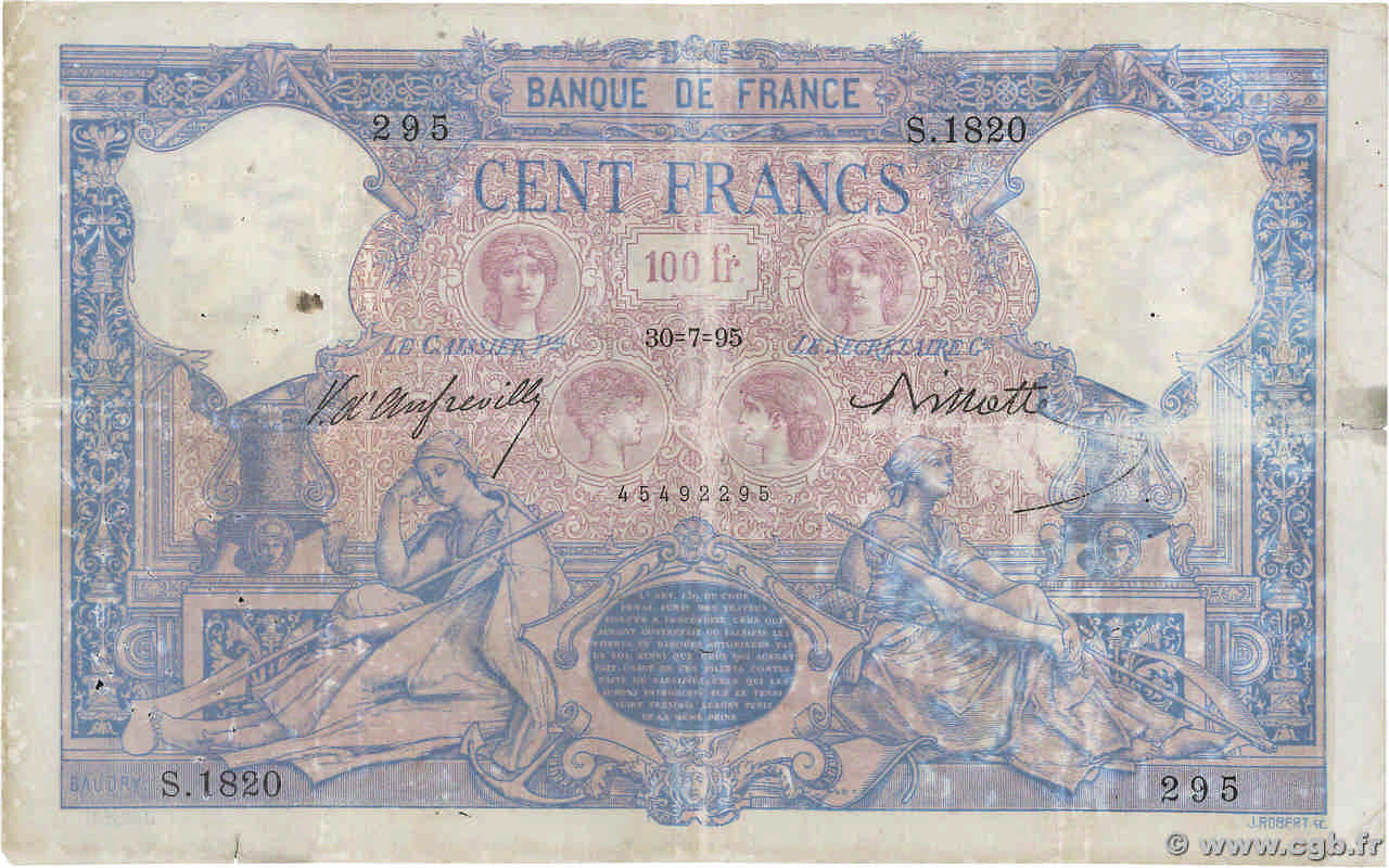 100 Francs BLEU ET ROSE FRANCE  1895 F.21.08 B