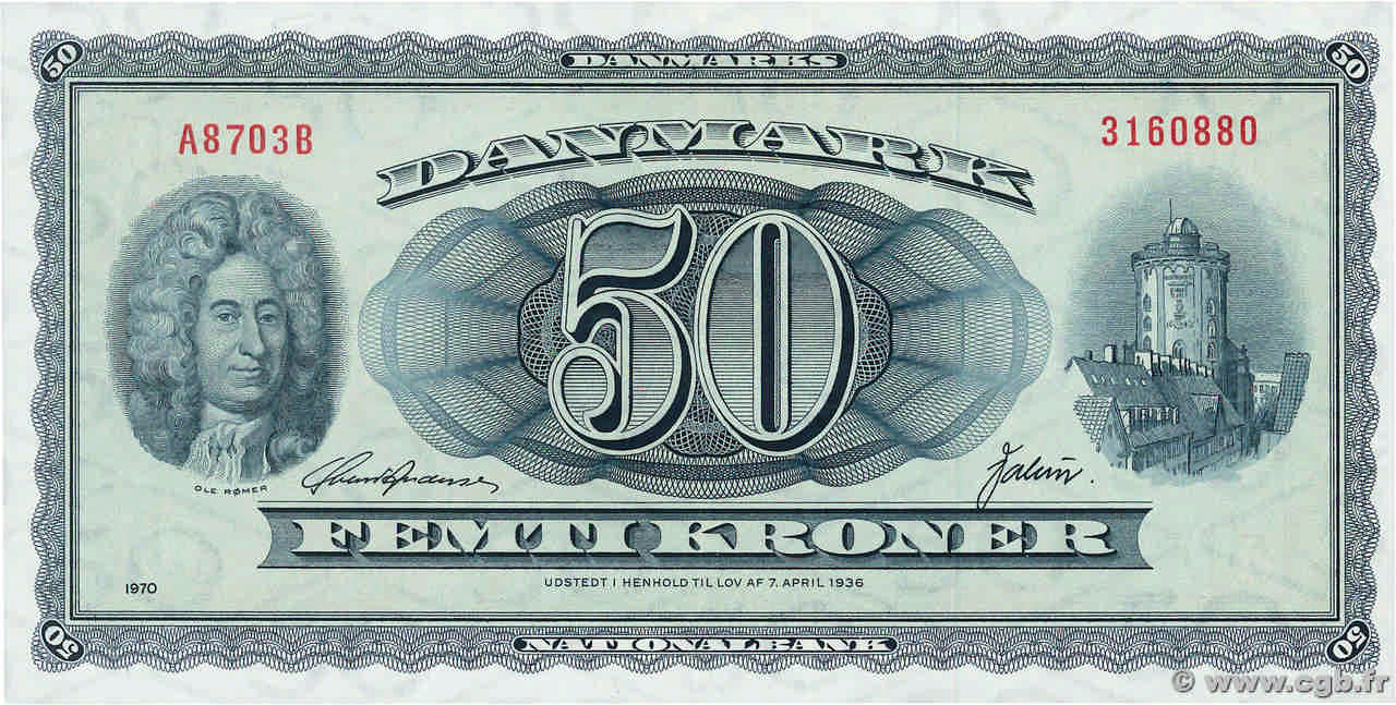 50 Kroner DENMARK  1970 P.045m AU-