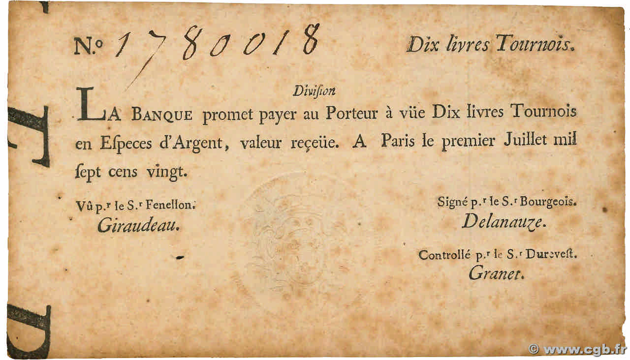 10 Livres Tournois typographié FRANCE 1720 Dor.22 TTB