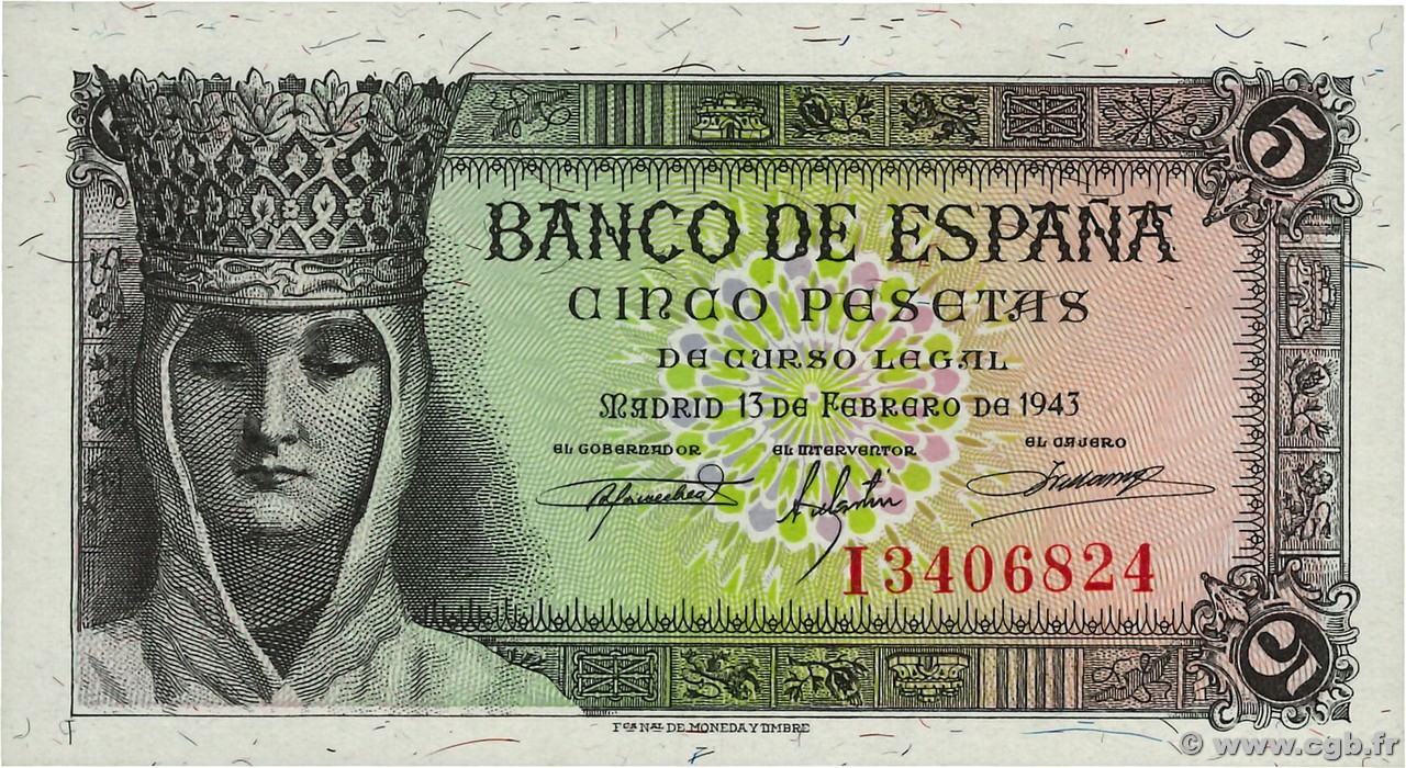 5 Pesetas ESPAGNE 1943 P.127a NEUF