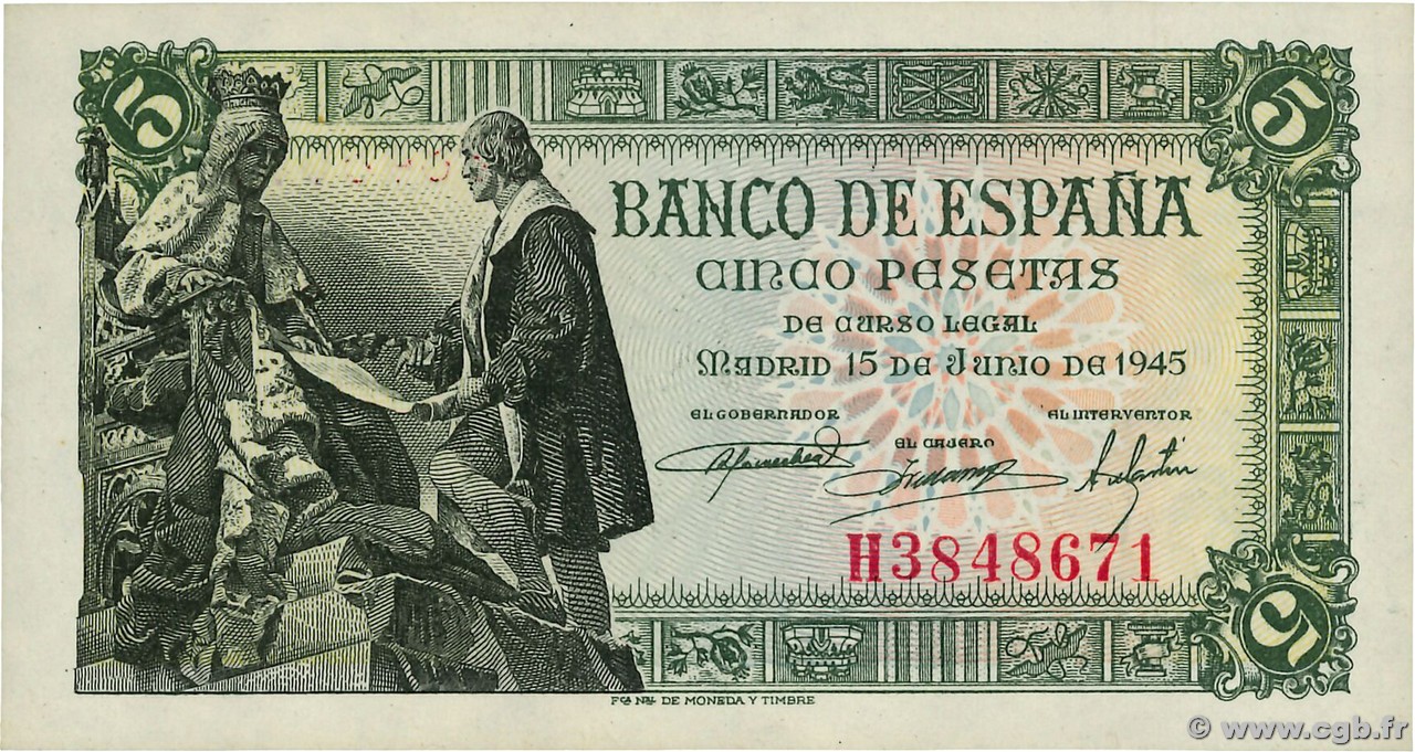 5 Pesetas ESPAGNE 1945 P.129a SPL