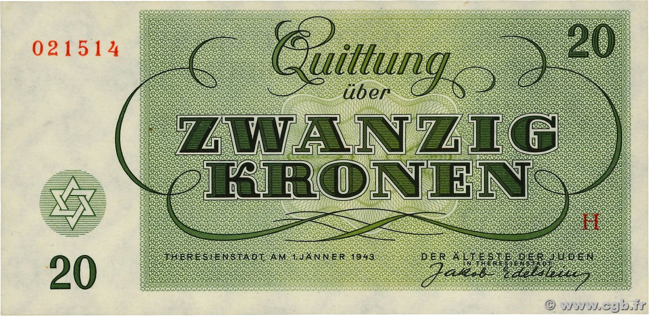 20 Kronen ISRAËL Terezin / Theresienstadt 1943 WW II.705 pr.NEUF
