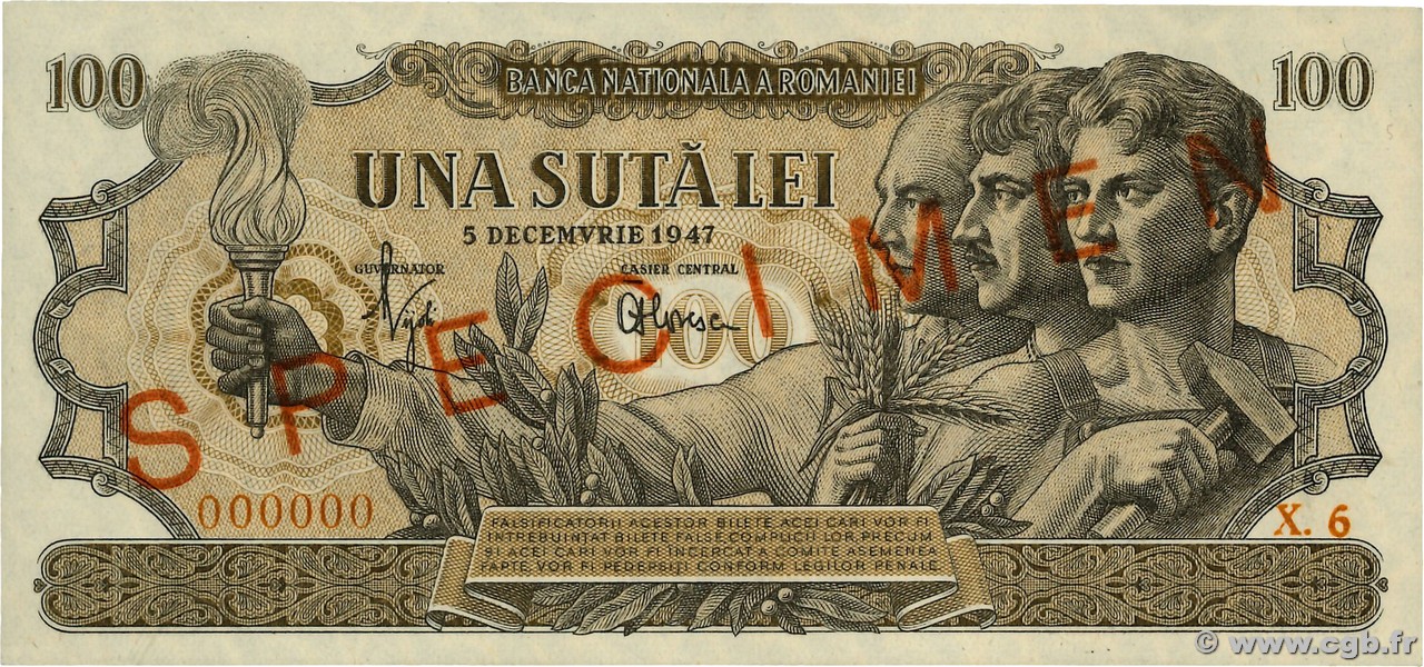 100 Lei Spécimen ROMANIA 1947 P.067s AU