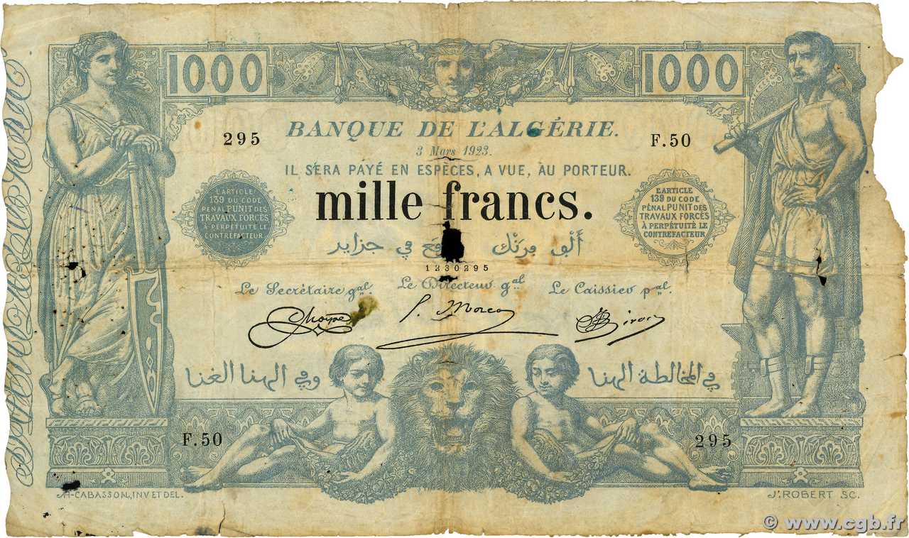 1000 Francs ALGÉRIE  1923 P.076b pr.B