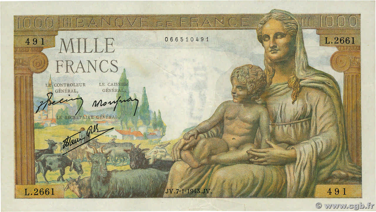 1000 Francs DÉESSE DÉMÉTER FRANCE 1943 F.40.15 TTB
